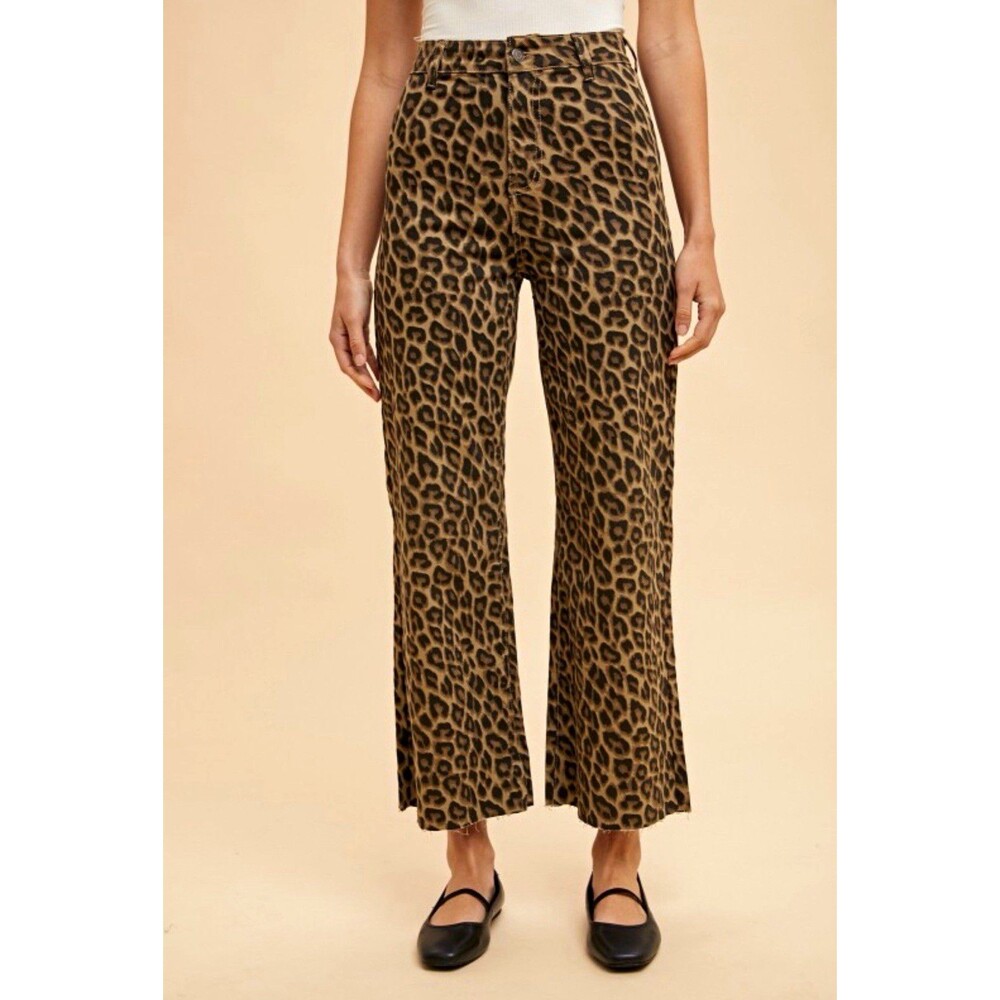 ANNIEWEAR Leopard Animal Print Wide-Leg Denim Pants High Rise Stretch Large